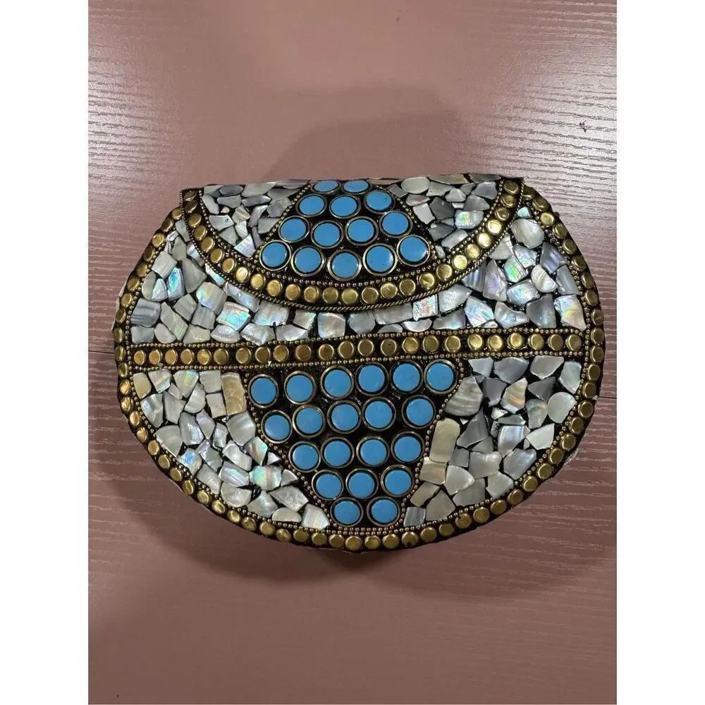 NEW Ramla Porte-Moi Clutch Moroccan Mosaic Pearl and Turquoise Gold Handmade NWO